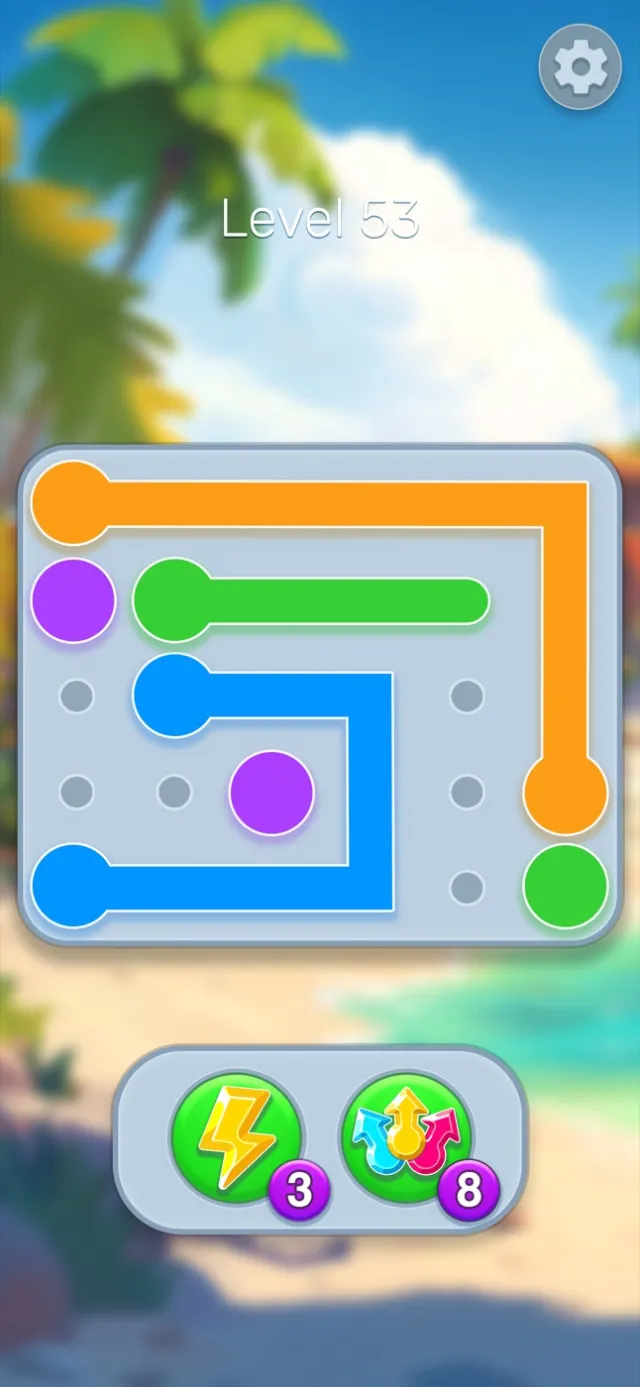 Line Snap Paradise level 53: colored lines on a puzzle board over a tropical beach